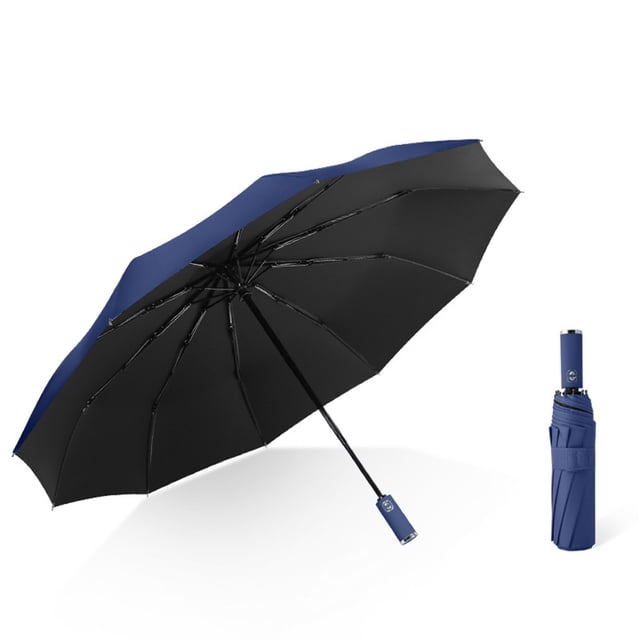 Gspmoly Fully Automatic Rotatable Umbrella with a foldable design, featuring high-density black and blue fabric for sun and rain protection. This travel umbrella includes 10 reinforced fiberglass ribs for strong wind resistance and a rubberized handle for durability. Designed for automatic opening and closing, it is shown in an open position with a sleek black canopy and a compact folded view.