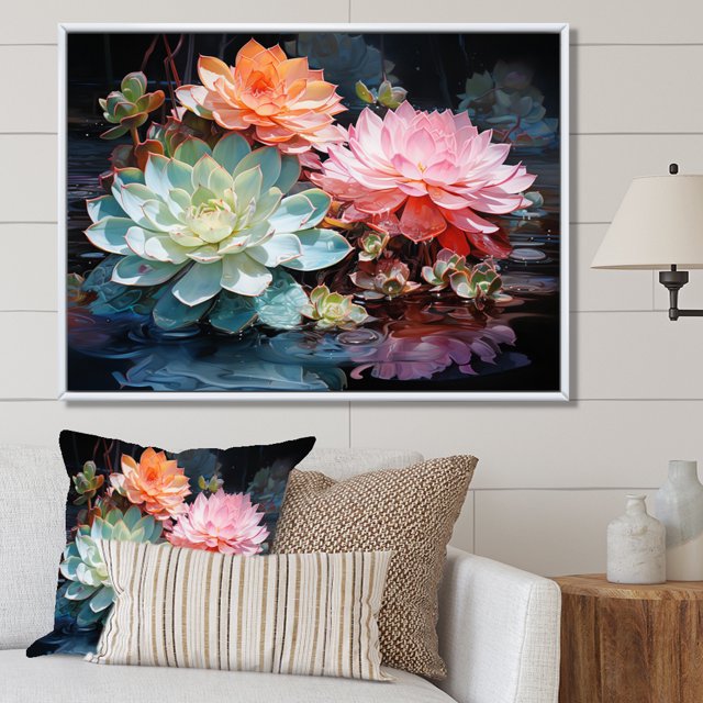Designart Multi-Color Traditional White Framed Wall Art, Succulent framed wall Art, Reflecting on Succulent Beauty , Succulent framed wall art decor, 20x12 inches White Color Frame