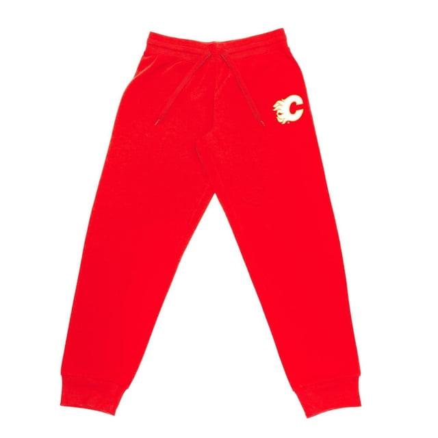 LNH Jogger pour Homme Calgary Flames en Molleton de polyester Rouge avec Taille Élastique et Poignets aux Chevilles, avec le Graphique du logo Calgary Flames sur la Jambe Gauche, Convient aux Tenues Décontractées et pour Encourager l'Équipe pendant la Saison de hockey.