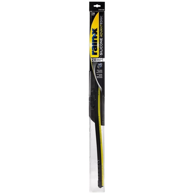 Rain-X Silicone AdvantEdge 28" wiper blade in black and yellow packaging, with a silicone rubber squeegee featuring graphite coating, advanced spring beam technology for even windshield contact, and InstalLock adapter system for quick installation, designed for durable all-weather performance.