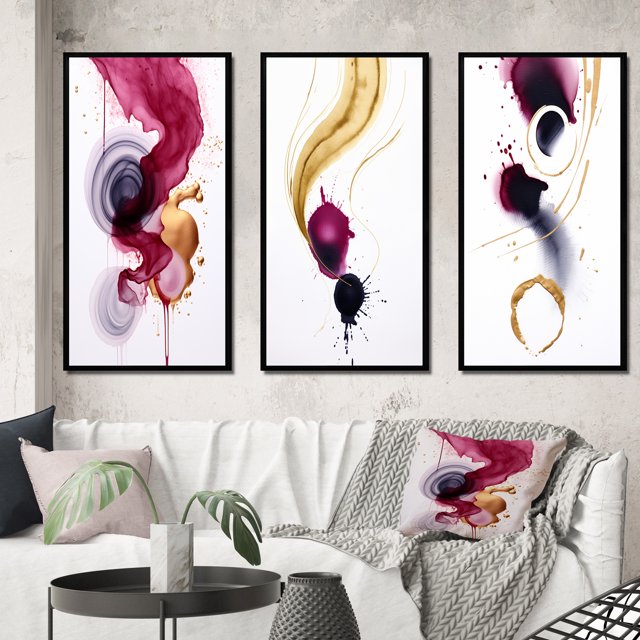 Designart "Fluidity Exquisite Magenta Ink Clouds V" Peinture Abstraite Encadrée Ensemble d'Art Mural de 3 - Cadre Moderne Doré Ensemble Mural pour Décoration Intérieure