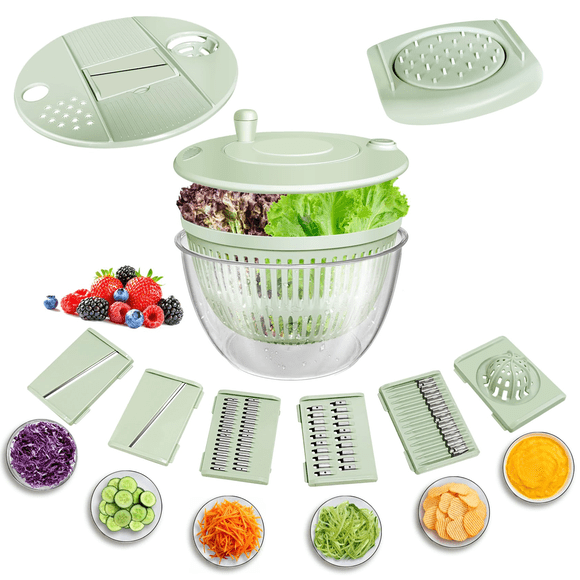 Large 5.3 Qt Salad Spinner - Wash Bowl for Vegetables & Fruits, Lettuce Spinner, Pasta & Fries Dryer with 5 Blades, Egg Yolk Strainer, Slicer & Shredder for Kitchen, Green & White