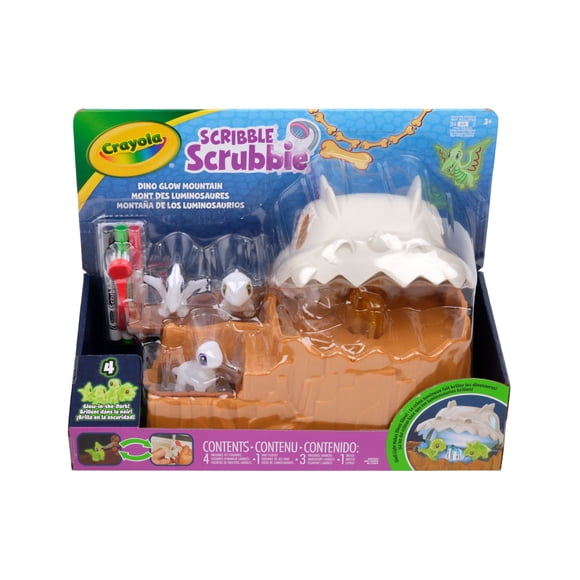 Crayola Scribble Scrubbie Dino Glow Mountain Playset, 4 Glow‑in‑the‑Dark Dino Pets with Light‑Up Charging Mountain