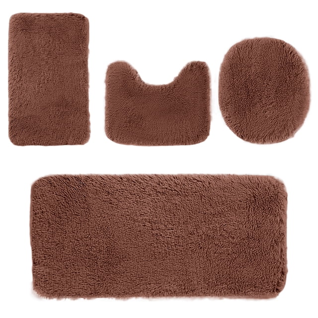 yulier 4 Piece Bathroom Rug Set, Ultra Soft Plush Shaggy Bath Mat Set, Non-Slip Absorbent Toilet Bath Carpet Mat U Shaped Toilet Rug Oval Toilet Lid Cover, Machine Washable (Brown)
