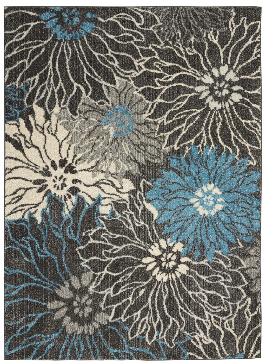 homeroots home decor 385414 5’ x 7’ Charcoal and Blue Big Flower Area Rug