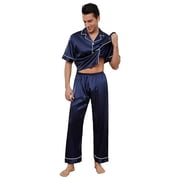 FhsagQ Pajamas Mens Pajamas Sleepwear Pack Comfortsoft Men‘S Satin Silk Button down Pajamas Sets Solid Two Piece Family Sleepwear Loungewear Short Sleeve Silk Nightwear Navy L