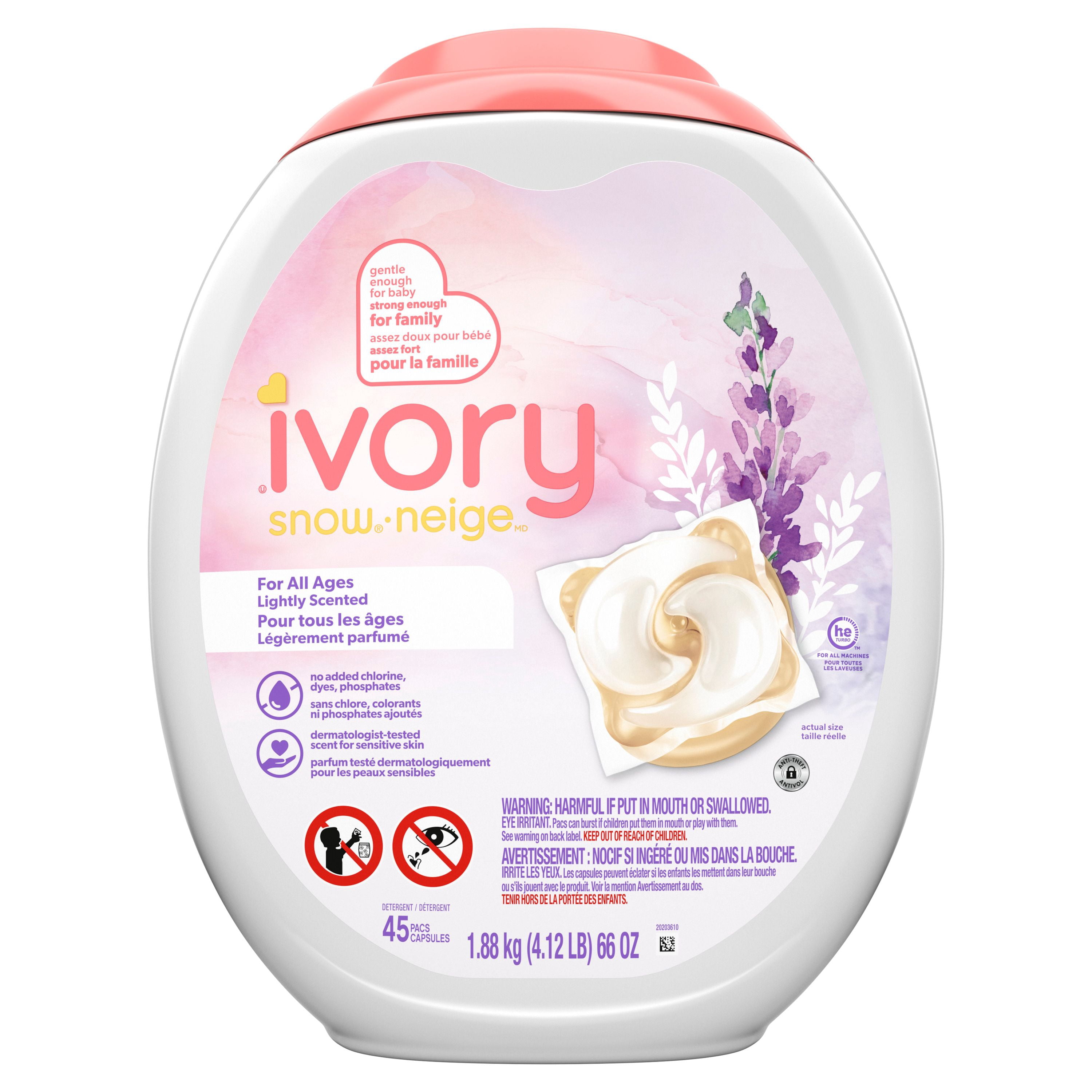 Ivory Snow Laundry Detergent Pacs, Lightly Scented, Lavender, HE Compatible, 45