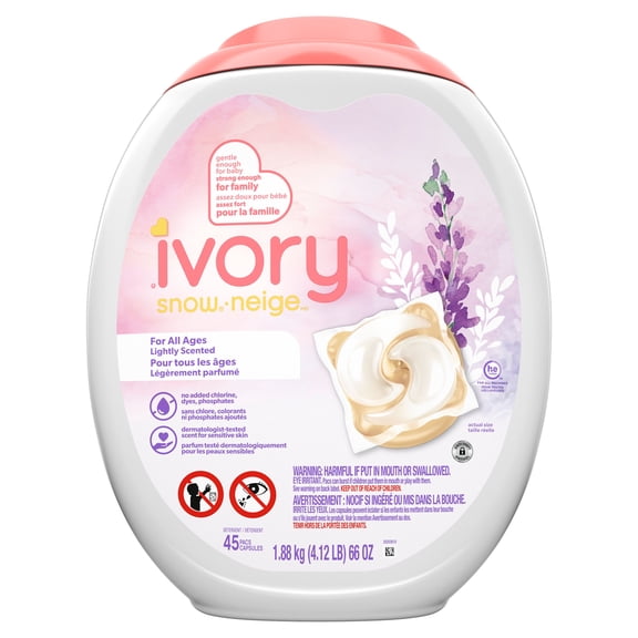 Ivory Snow Laundry Detergent Pacs, Lightly Scented, Lavender, HE Compatible, 45