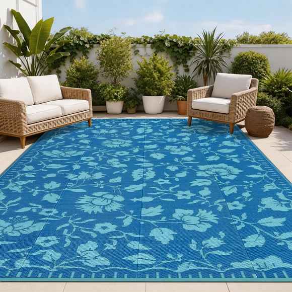 Gaderth Outdoor Rug 5x8 Waterproof Patio Rug, Reversible Floral Plastic Straw Area Rug, Foldable RV Outdoor Mat for Deck, Porch, Balcony, Front Door, Picnic, Beach, Camper, Travel Trailer