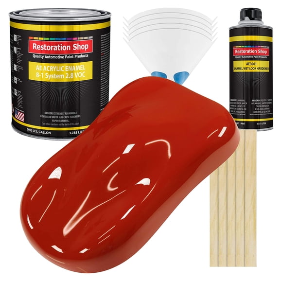 Restoration Shop - Scarlet Red Acrylic Enamel Auto Paint - Complete Gallon Paint Kit - Professional Single Stage High Gloss Automotive, Car, Truck, Equipment Coating, 8:1 Mix Ratio, 2.8 VOC