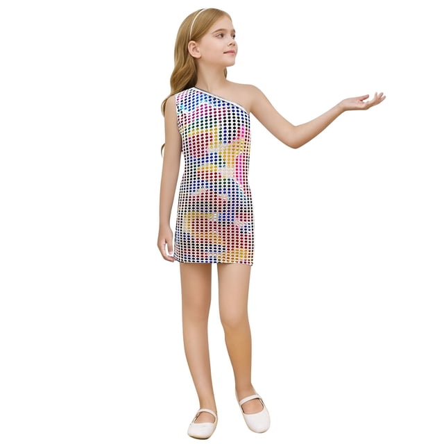 Wdgfv Robe à Paillettes pour Filles, Robe Moulante de Fête, Sans Manches, Robe de Danse Scintillante pour Anniversaire, Multicolore, 4-5 Ans