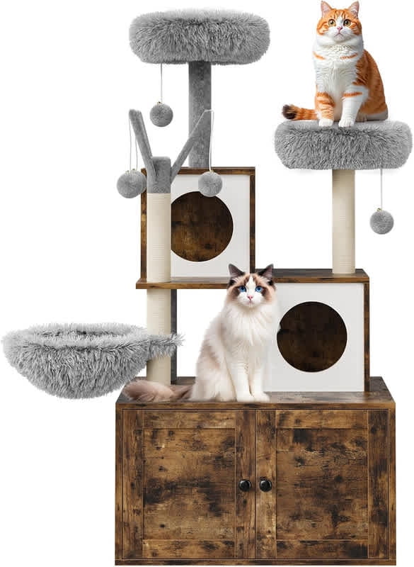 Ourlova Oak Brown Cat Tree with Litter Box Enclosure All-in-One Modern Cat Tower for Indoor Cats Wood Cat Condo with Scratching Post Dangling Balls Cat Backet & Top Perch