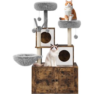 Ourlova Chêne Brown Cat Tree with Litter Box Enclosure All-in-One Modern Cat Tower for Indoor Cats Bois Cat Condo with Scratching Post Balles de danse Cat Backet & Perche supérieure
