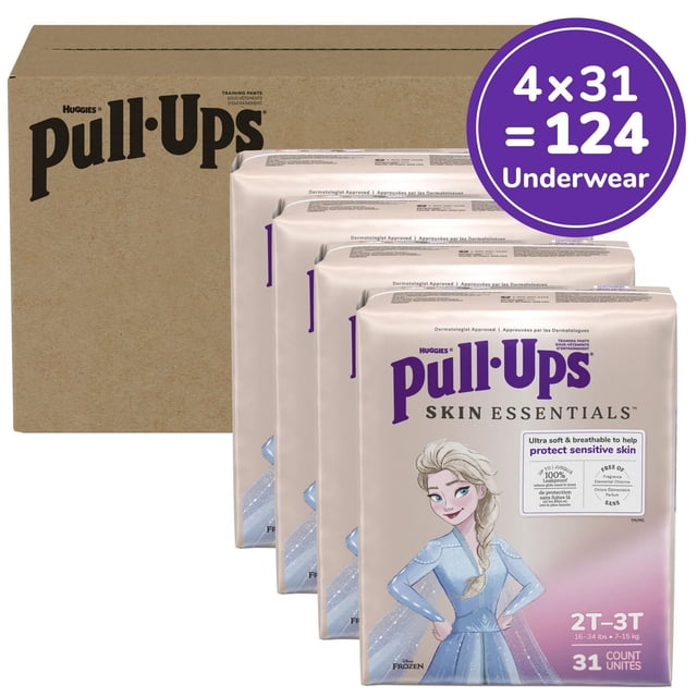 Pull-Ups Girls' Skin Essentials Training Pants, size 2T-3T (16-34 lbs), 124 count in four packs of 31, featuring ultra soft, breathable materials to protect sensitive skin, targeted absorbency for leak protection, and Disney Frozen designs.
