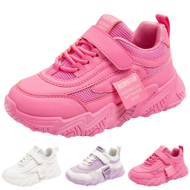 REDARER Girls' All-Season Sneakers - Breathable Mesh & Hook Loop Design, Non-Slip Comfort for Active Play,Color:Hot Pink,Size:6-7 Years