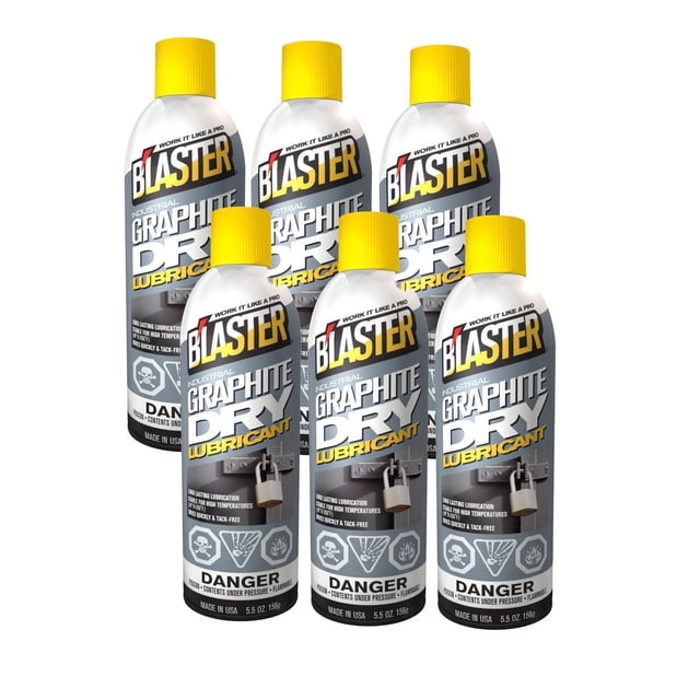 Blaster Graphite Dry Lubricant 6-Pack containing six 5.5 oz grey aerosol cans with yellow caps, designed for industrial use to provide quick-drying, tack-free lubrication on high-temperature equipment like locks, gears, conveyor belts, and rollers, labeled with safety warnings and made in the USA.