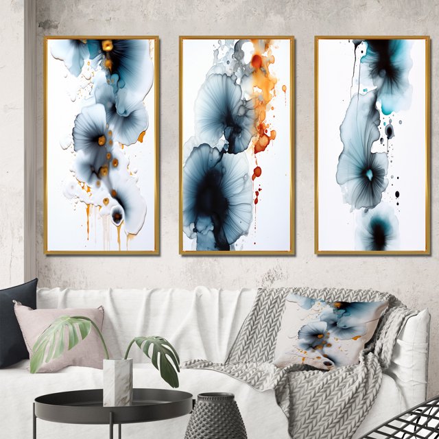 Designart « Heartbeat Rhapsody Turquoise and Gold Ink Cloud III » Peinture Abstraite Ensemble d'Art Mural Encadré de 3 - Ensemble de Toiles à Cadre Moderne Turquoise pour Déco de Salon