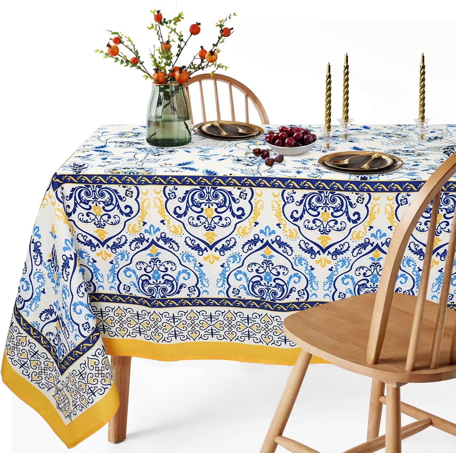 Arabesque Tablecloth,Blue Yellow Floral PatternTable Cloth, French Country Tablecover for Rectangle Tables 60 x 84,Perfect for Kitchen Dinner, Restaurant ,Holiday Picnic Party Table Cover