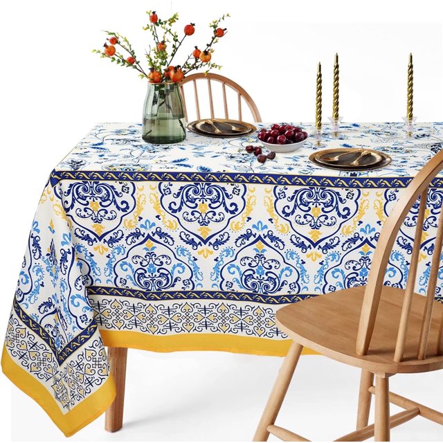Arabesque Tablecloth,Blue Yellow Floral PatternTable Cloth, French Country Tablecover for Rectangle Tables 60 x 84,Perfect for Kitchen Dinner, Restaurant ,Holiday Picnic Party Table Cover