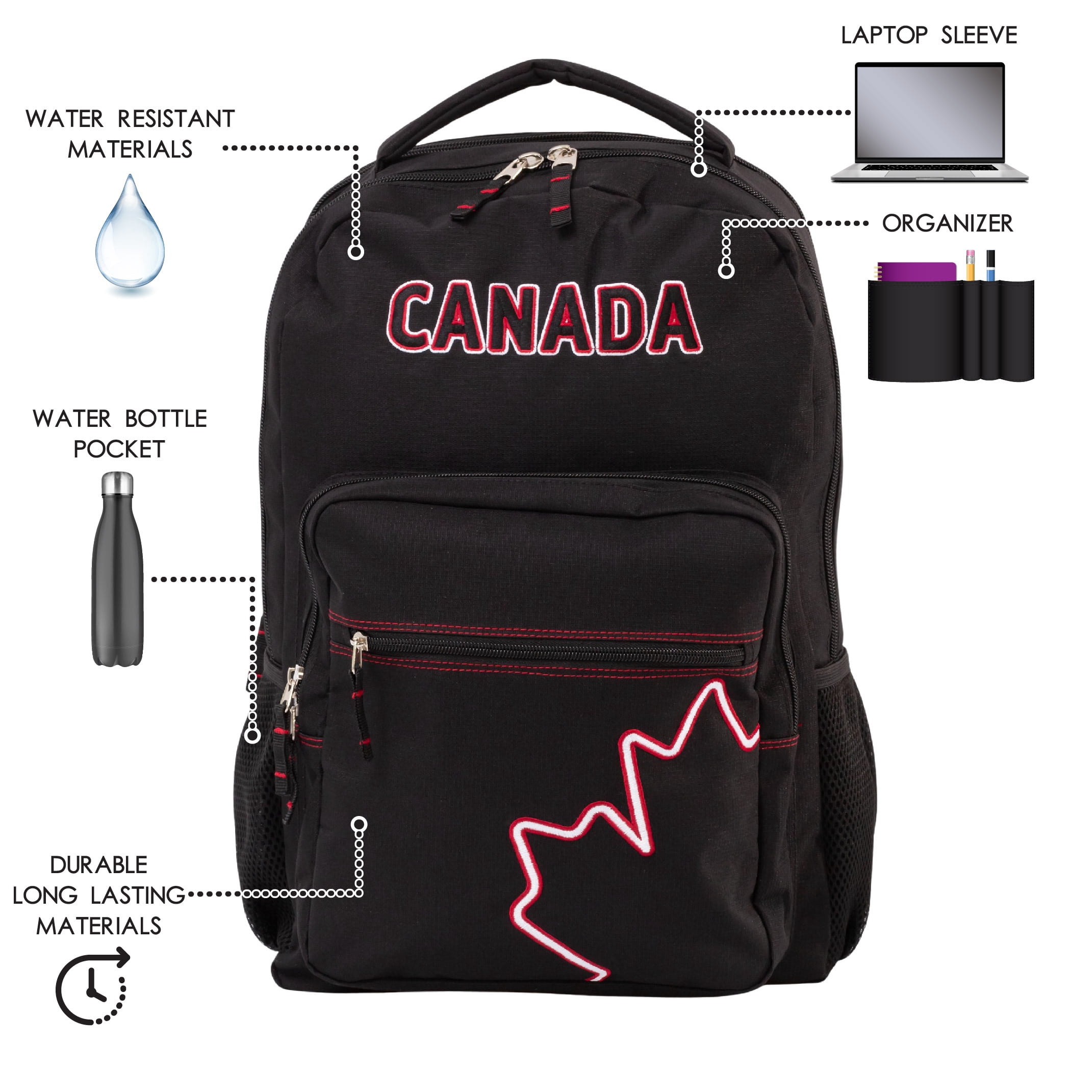Sac à Dos Scolaire Noir CANADA avec Compartiment pour Ordinateur