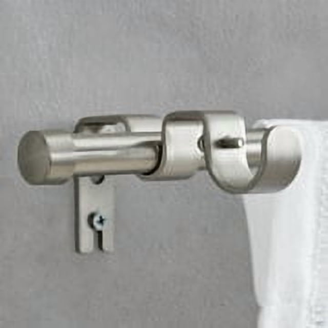 Better Homes & Gardens 5/8" plated brushed nickel adjustable add on curtain rod kit, 32"-120", close-up side view of the brushed nickel steel rod with simple cap finials mounted on a grey wall, showing the double rod pocket bracket holding a white curtain on the back rod, including all mounting hardware for easy installation, suitable for layering curtains with an existing front rod.