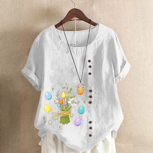 EGNMCR T-Shirt de Pâques T-Shirts pour Femmes Imprimé de Pâques T-Shirt d'Été Surdimensionné Décontracté à Col Rond à Manches Courtes à Imprimé Floral T-Shirt Ample Hauts T-Shirt pour Femmes