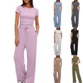 thumbnail image 1 of Hot6sl Économies d'Été Liquidation Manches Courtes Col Rond Blouses & Chemises Ensembles, 2 Pcs Mode Femme Col Rond Solide Blouse Manches Courtes + Pantalons Longs Taille Élastique Ensembles, Femmes Bleu Clair, L, 1 of 8