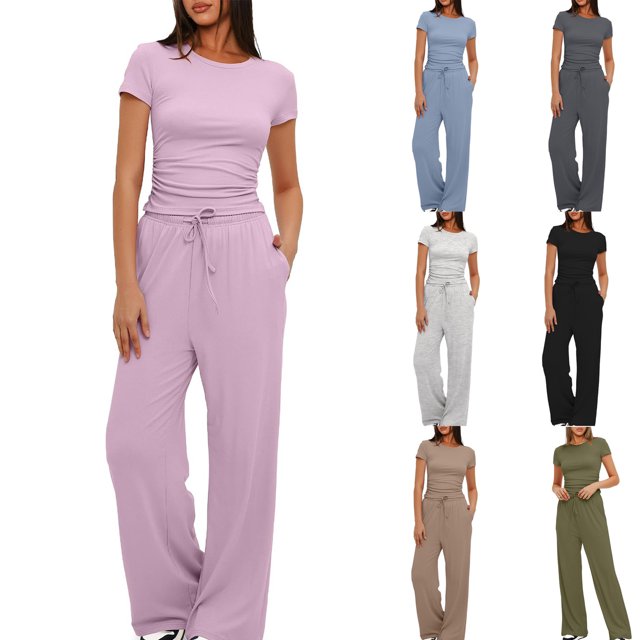 Hot6sl Économies d'Été Liquidation Manches Courtes Col Rond Blouses & Chemises Ensembles, 2 Pcs Mode Femme Col Rond Solide Blouse Manches Courtes + Pantalons Longs Taille Élastique Ensembles, Femmes Bleu Clair, L