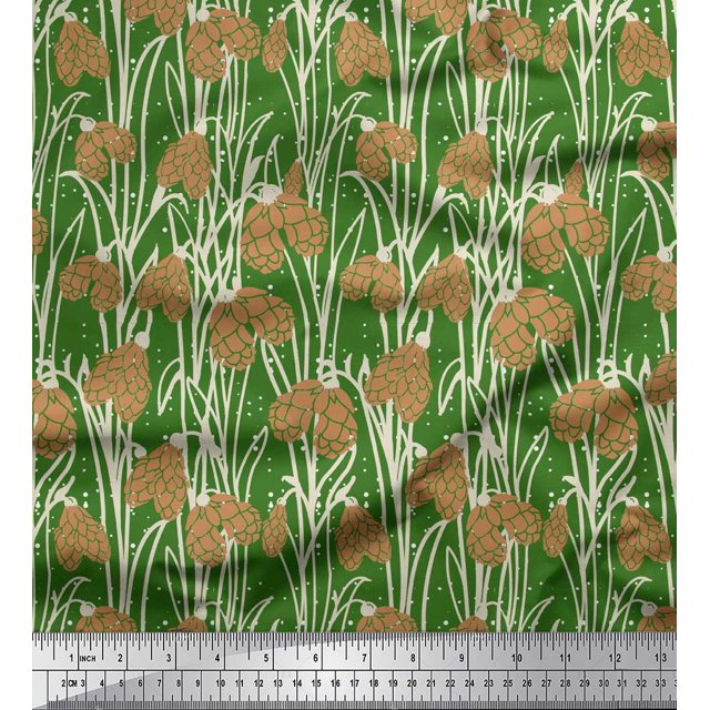 Soimoi Green Velvet Fabric Dot & Flower Hand Drawn Decor Fabric Printed BTY 58 Inch Wide