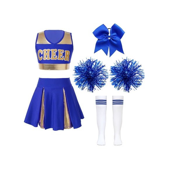 Haitryli Costume de Pom-Pom Girl pour Filles Enfants Halloween Carnaval Uniforme de Cheerleading Haut de Danse Sans Manches avec Jupe Pompons B Bleu 6