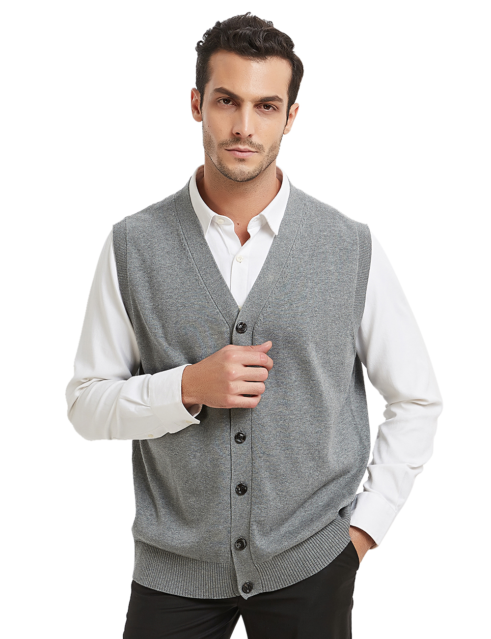 TOPTIE Men Sweater Vest Solid Knitted Lightweight Thermal Cardigan-Gray-XXL