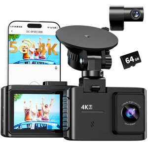 Dash Cam Front and Rear: 4K Dual Channel Dash Cam - 5GHz WiFi, Dash Camera for Cars with 64GB Card, 2" IPS, App Control, G-Sensor