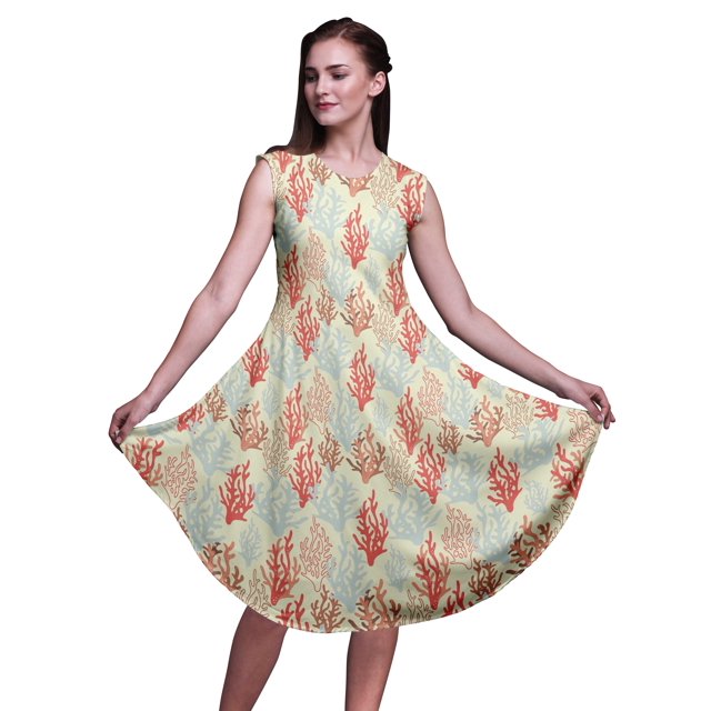 Bimba Robe d'Été Sans Manches à Col Rond pour Femmes, Jaune, Imprimé Corail Océan, Tenue Décontractée - Moyen