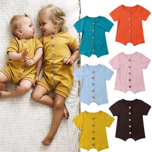 Baby Boy Girl Round Neck Short Sleeve Romper Button Front Unlocked Summer Playsuit