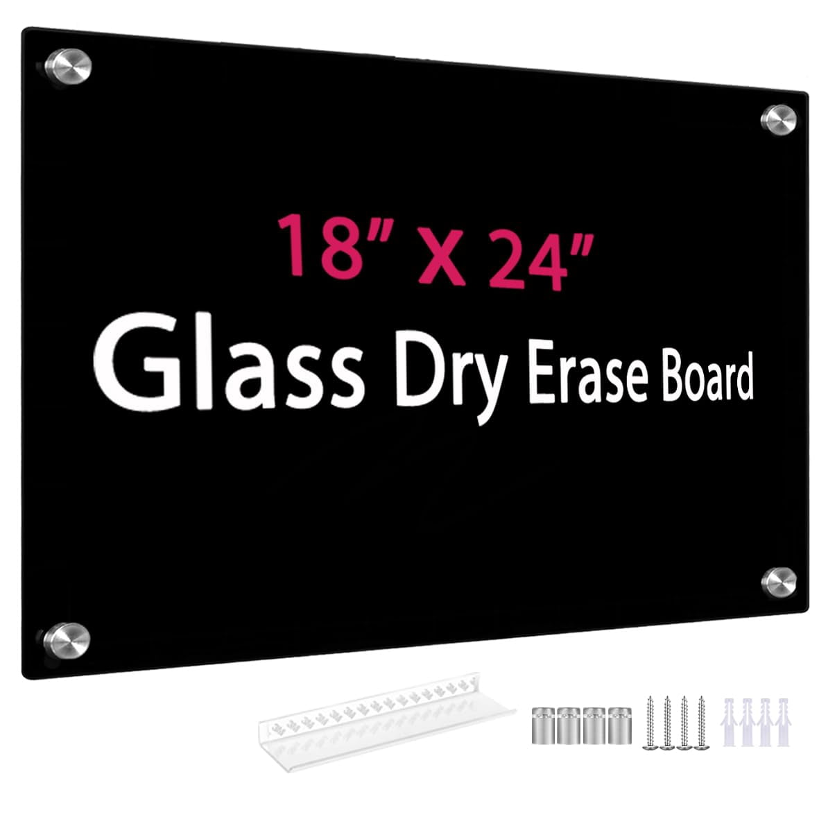 Black Glass Dry Erase Whiteboard, 18" x 24" Frameless Glass White Board for Home, School, Office, Black Surface