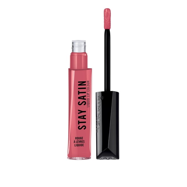 Rimmel London Stay Satin Liquid Lip Color in pink with a clear rectangular tube and black cap applicator showing a precise doe-foot wand, delivering bold satin colour and up to 8 hours of lightweight, comfortable wear, suitable for all-day lip colour.