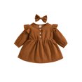 thumbnail image 1 of Xingqing Robe Princesse d'Automne pour Bébé Fille 2 Pcs à Volants à Manches Longues Boutonnée en Velours Côtelé Robe Trapèze Bandeau Brun 0-6 Mois, 1 of 9