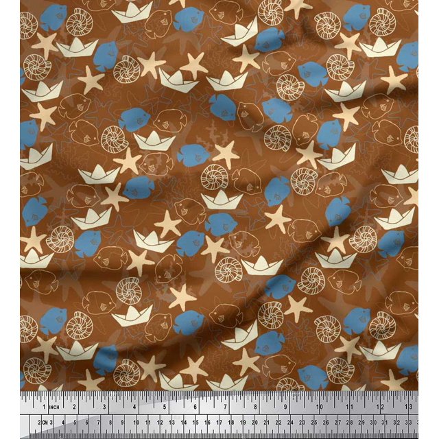 Soimoi Rayon Fabric Paper Boat,Fish & Starfish Ocean Fabric Prints by Yard 56 Inch Wide