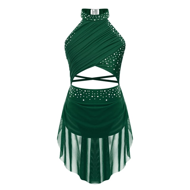 Raenseen Robe de Danse Ballet Jazz pour Filles, Justaucorps de Patinage Artistique, Strass Brillants, Robe de Bal Sans Manches, Vert 12