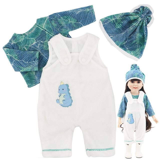 Tenue de Poupée Créative et Adorable, Vêtements de Mode pour Poupée, Accessoires pour Poupée de 18 Po. Ensemble Multicolore Incluant un Chapeau Vert à Motif, un Haut à Manches Longues Assorti et une Salopette Blanche avec un Graphique de Dinosaure Bleu. Parfait pour le Jeu d'Imitation et les Activités Éducatives. Fabriqué en Tissu durable. Poupée Non Incluse.