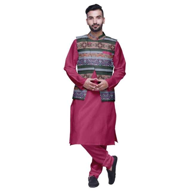 Atasi Indian Long Kurta Men Solid Kurta Pajama With Printed Nehru Jacket Set