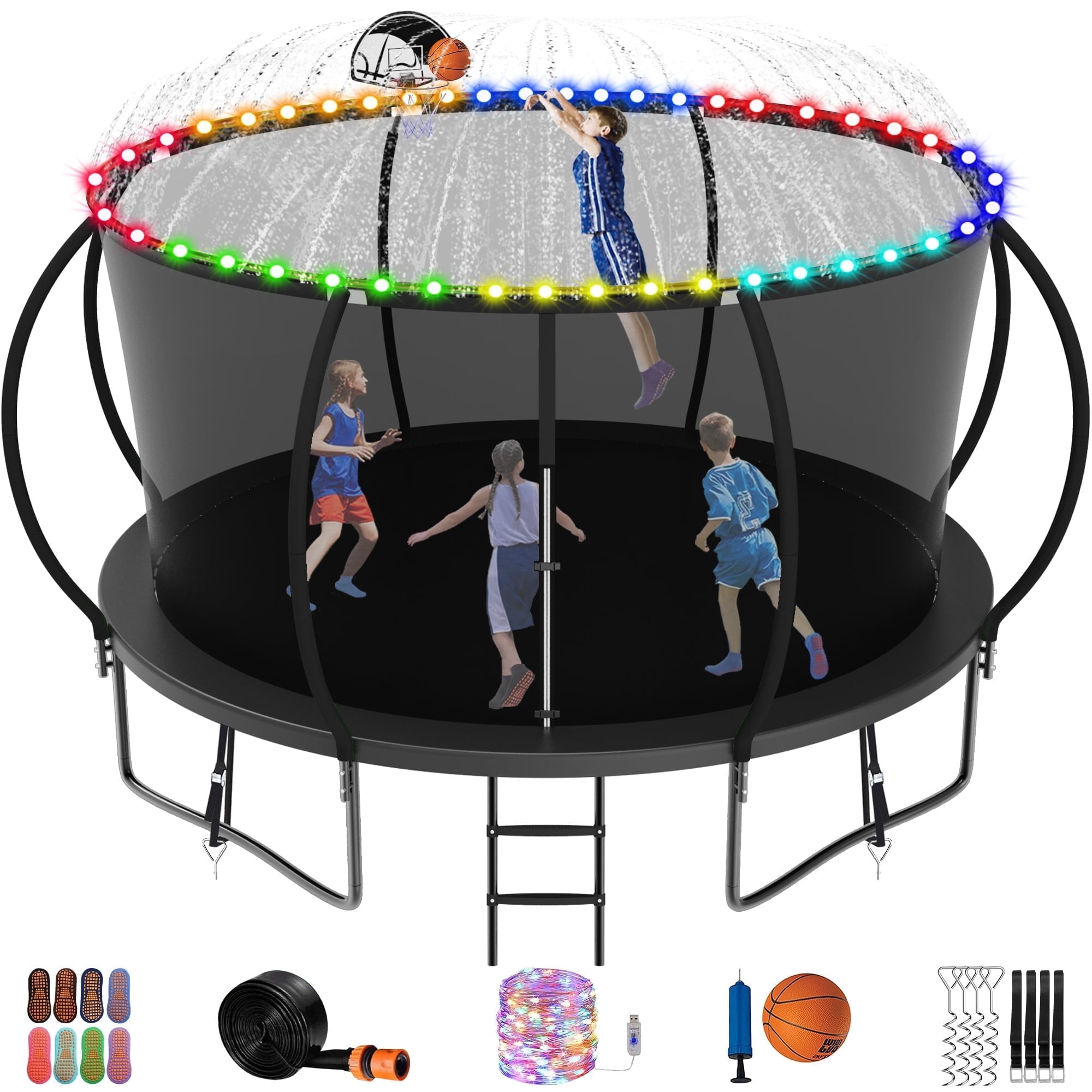 Jump Into Fun Trampoline 14FT, 1400LBS Trampoline for Kids and Adults with Enclosure, Basketball Hoop, Wind Stakes, LED light, Sprinkler and Socks, Outdoor Galvanized Full Spray Round Trampoline