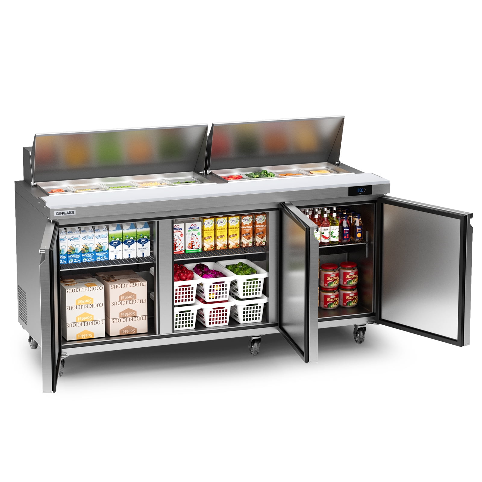 Coolake 72.7'' W Commercial Refrigerator Sandwich Salad Prep Table, 3 Door Sandwich Fridge with 18 GN 1/6 Pans