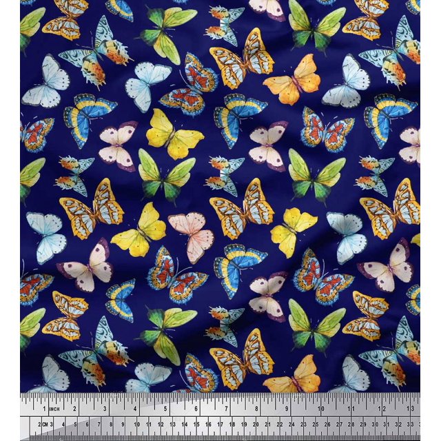 Soimoi Blue Georgette Viscose Fabric Colorful Butterfly Print Sewing Fabric Yard 42 Inch Wide