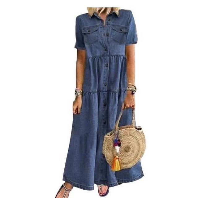 Robe en Denim Grande Taille pour Femmes à Manches Courtes avec Col Rabattu