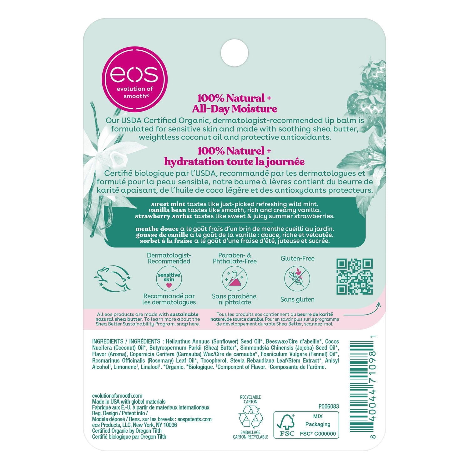 Baumes labiaux eos Biologique, 100 % naturels et biologiques, lot de 3 baumes différents en bâton