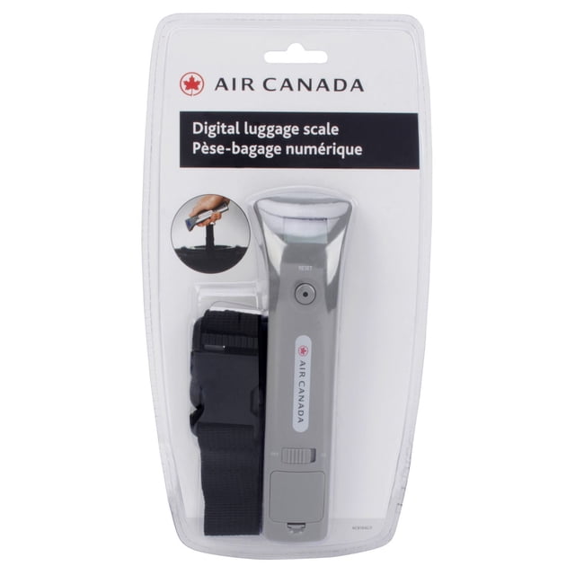 Air Canada Digital Luggage Scale in grey with an easy-grip handle and durable black woven nylon strap, displayed in retail packaging with bilingual English and French text, featuring a digital LCD display and designed to weigh luggage up to 110 lbs to help avoid overweight baggage fees.