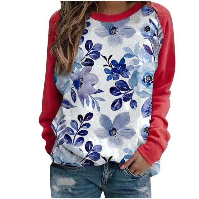 Sweat-shirts à Col Rond pour Femmes Pulls Décontractés Imprimés à Fleurs Ample Sweat-Shirt Doux Automne Vêtements
