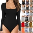 thumbnail image 3 of fartey Justaucorps à Manches Longues pour Femmes Noir Col Carré Extensible Coupe Ajustée Hauts Justaucorps Combinaison Gaine, 3 of 6