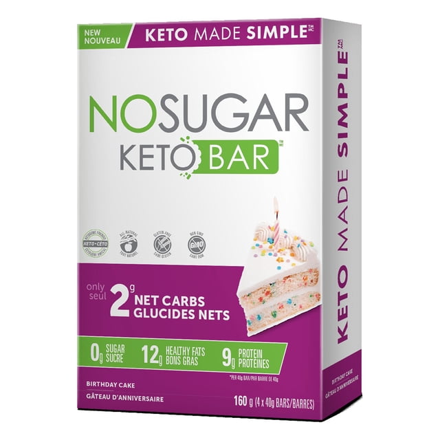 No Sugar Keto Bar Birthday Cake 160g box with white, purple, and green packaging featuring a birthday cake slice with sprinkles and a lit candle, emphasizing 2g net carbs, 0g sugar, 12g healthy fats, and 9g protein per bar, suitable for keto and low carb snack plans.